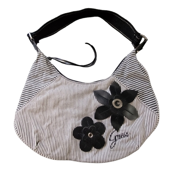 👜 Vintage Guess Canvas Stripes w/ Leather Floral Bag - Picture 7 of 7